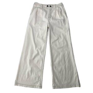 NWT Monrow Cream w/Green Stitching Wide Leg Pleated Pants Size L #1590